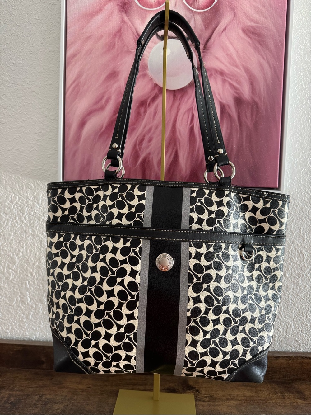 Coach Black and Cream Signature Stripe Tote